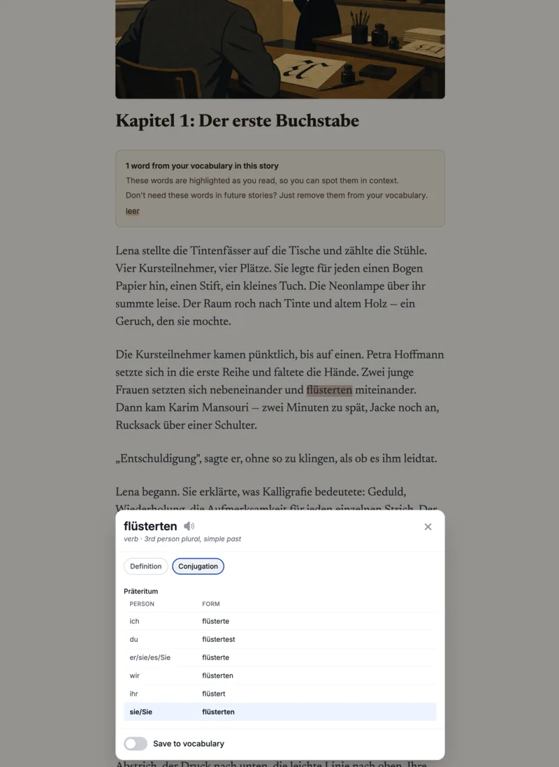 A German story with the word flüsterten tapped, showing its full Präteritum conjugation table and an option to save it to your vocabulary.