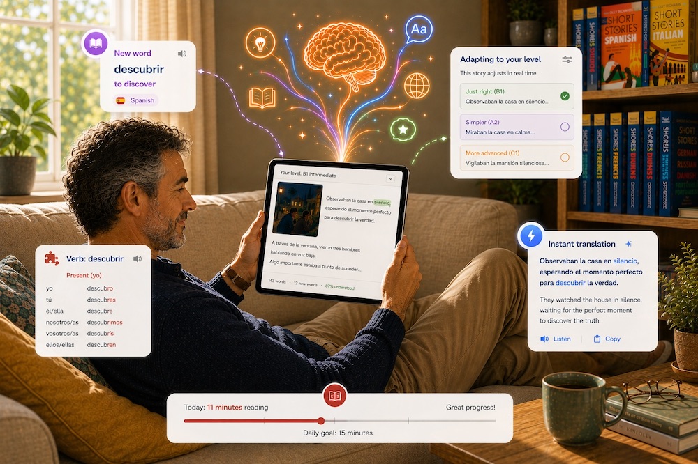 The StoryLearning app in Strict Mode, showing a clean page of story text with no lookup controls.