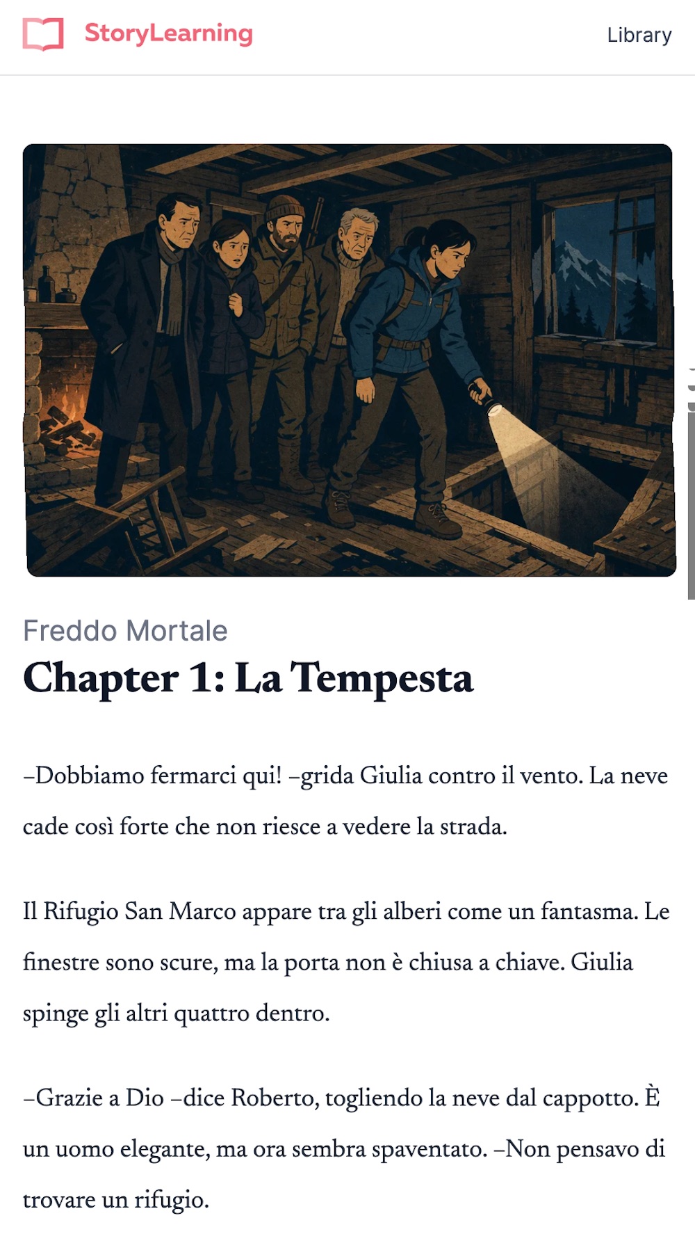 The StoryLearning app open on a phone, showing an illustrated Italian story ready to read.