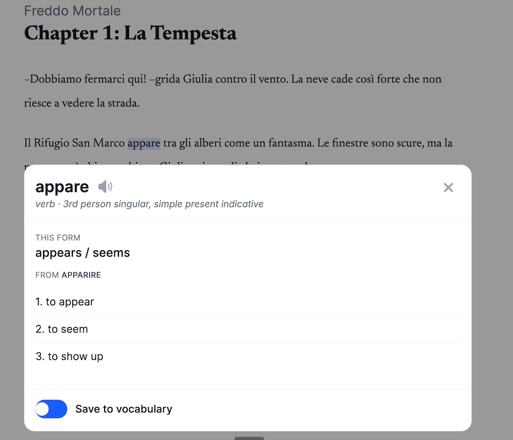 A saved word reappearing, highlighted, in a later story in the app.