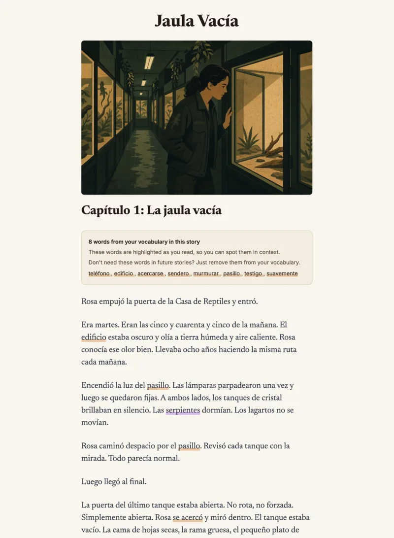 A Spanish story, Jaula Vacía, with eight words from your vocabulary highlighted in the text so you can spot them in context.