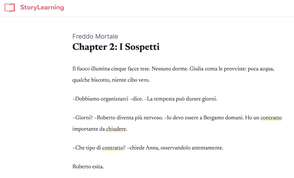 The StoryLearning app showing an inline translation for a tapped word.
