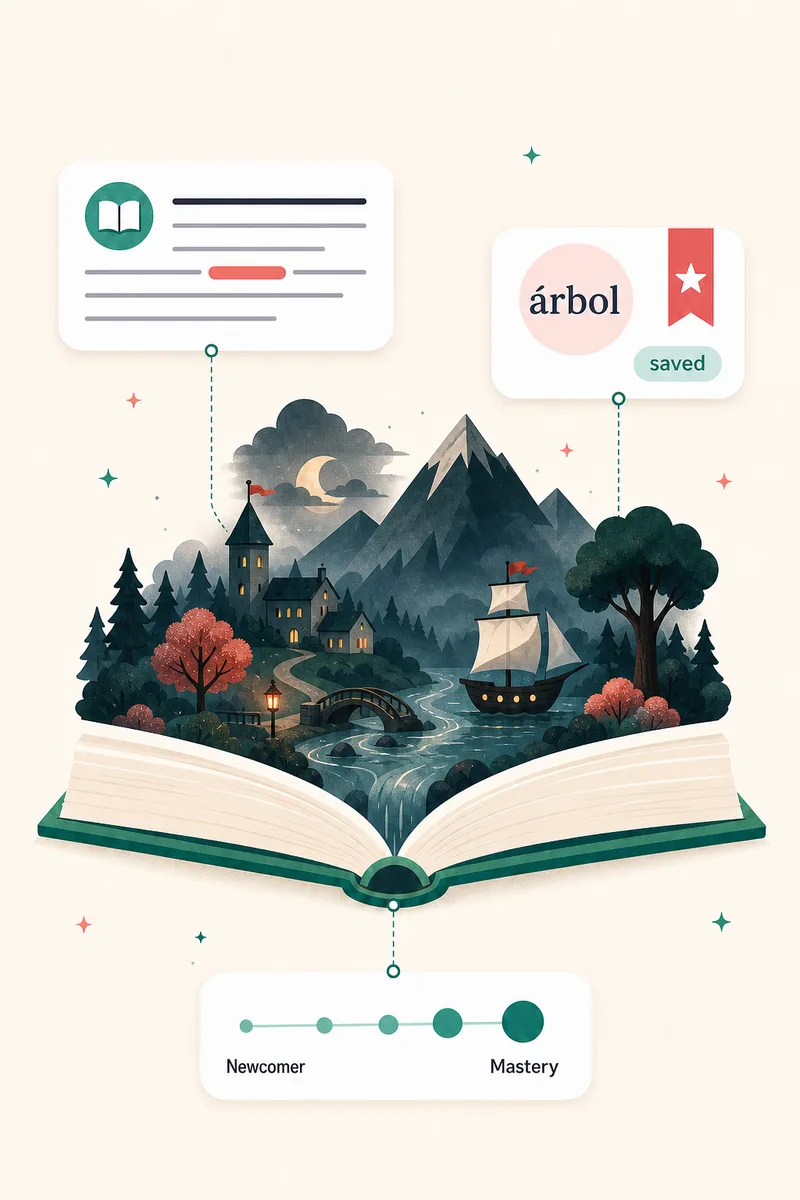 Illustration of a story world rising out of an open book, with a saved word card and a level meter running from Newcomer to Mastery alongside it.