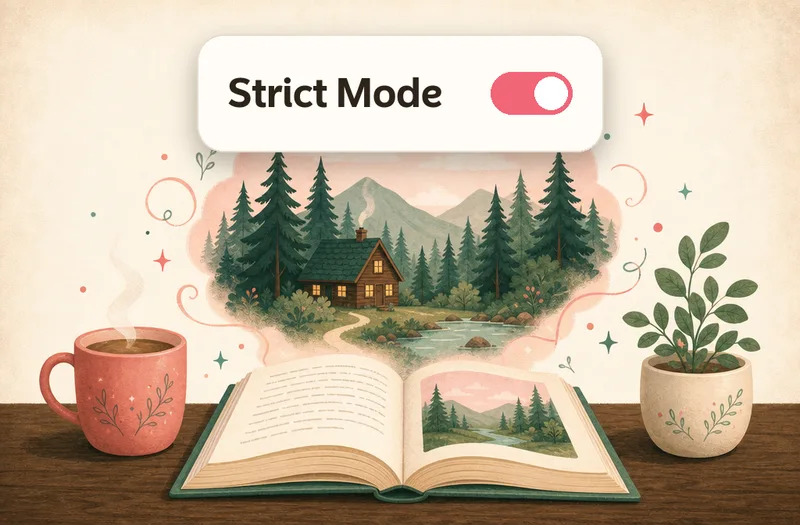 Illustration of a Strict Mode toggle switched on above an open book, with the story's world rising off the page.