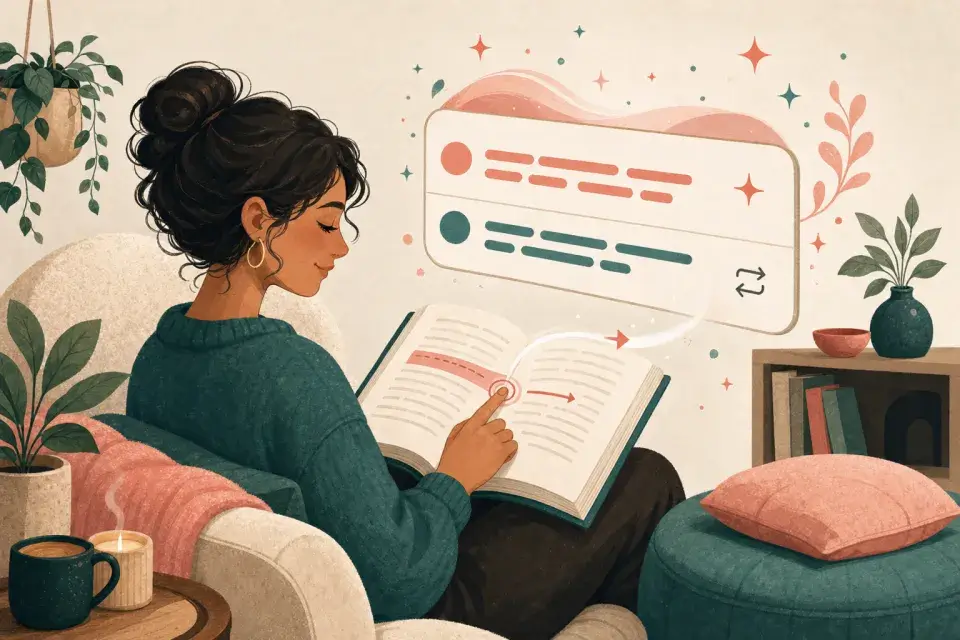Illustration of a reader tapping a line in a story and an instant translation appearing beside it.